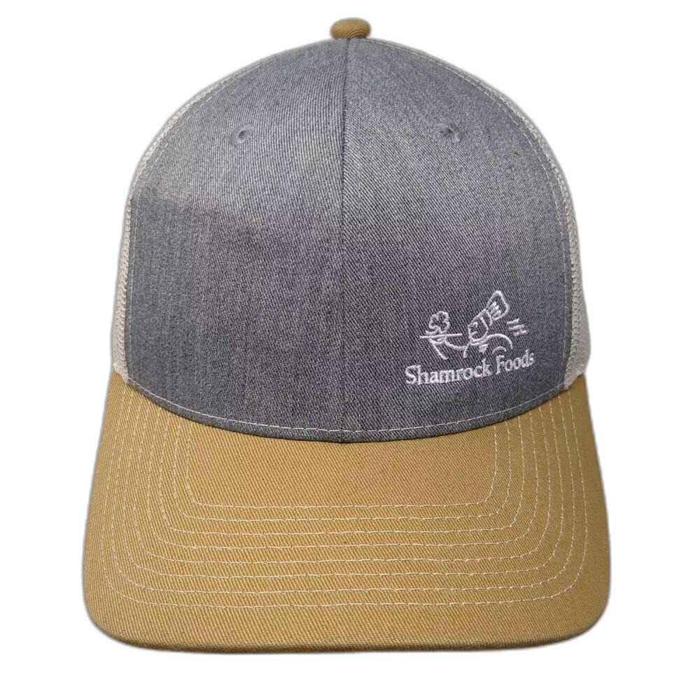Fahrenheit Trucker Hat Gray Beige OS Shamrock Foods Embroidered Mesh Snapback